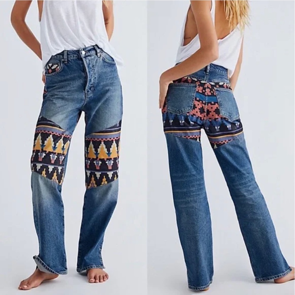 Free People Blue Patterned Straight Leg Jeans